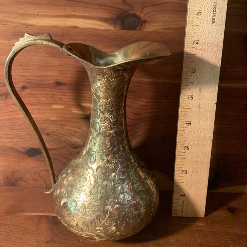 Vintage Etched India Brass 7” Pitcher - Picture 11 of 11